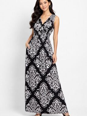 ACE Fashion Floral Maxi Dress V Neck Flowy Summer Dress Womens Size S